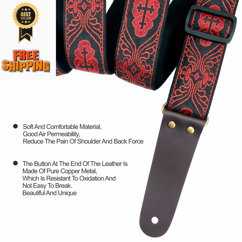 Nefelibata Guitar Strap, Red Adjustable from 38" to 64", Mystery Pattern