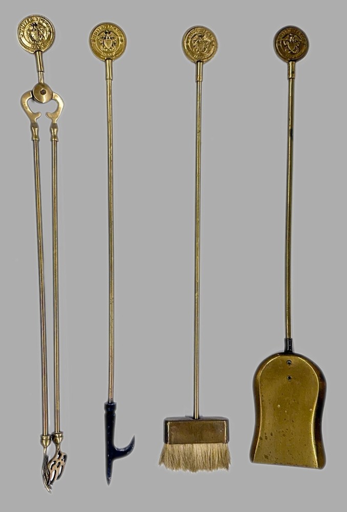 Vintage U.S. Navy Cast Brass Fireplace Tool Set::4 Tools + Stand::Nice
