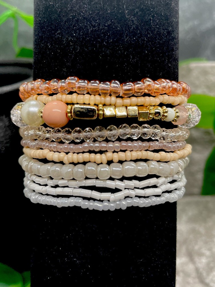 10 PC Handmade Boho Beaded Stackable 6.5" Plus Stretch Bracelet Set New A1948