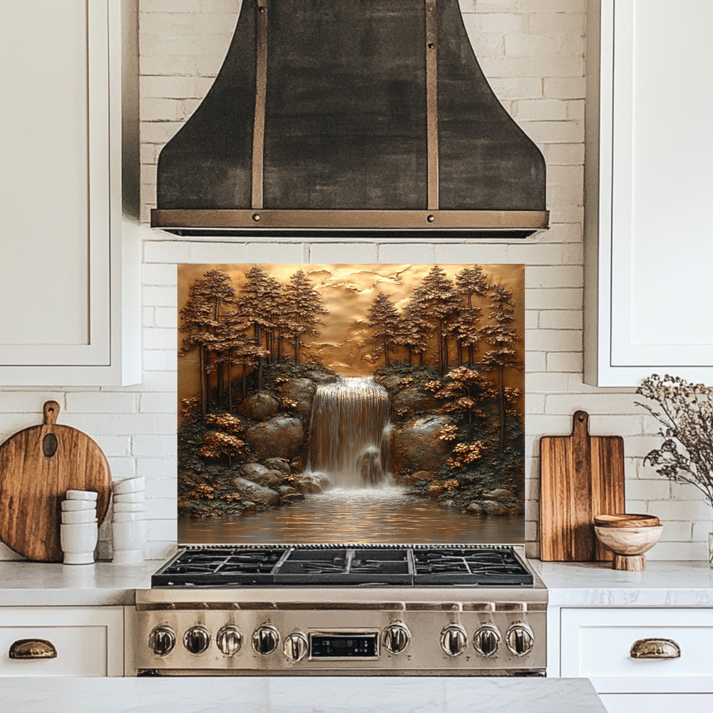 Copper Look Waterfall Tempered Glass Backsplash Panel,Kitchen Stove Splash Guard