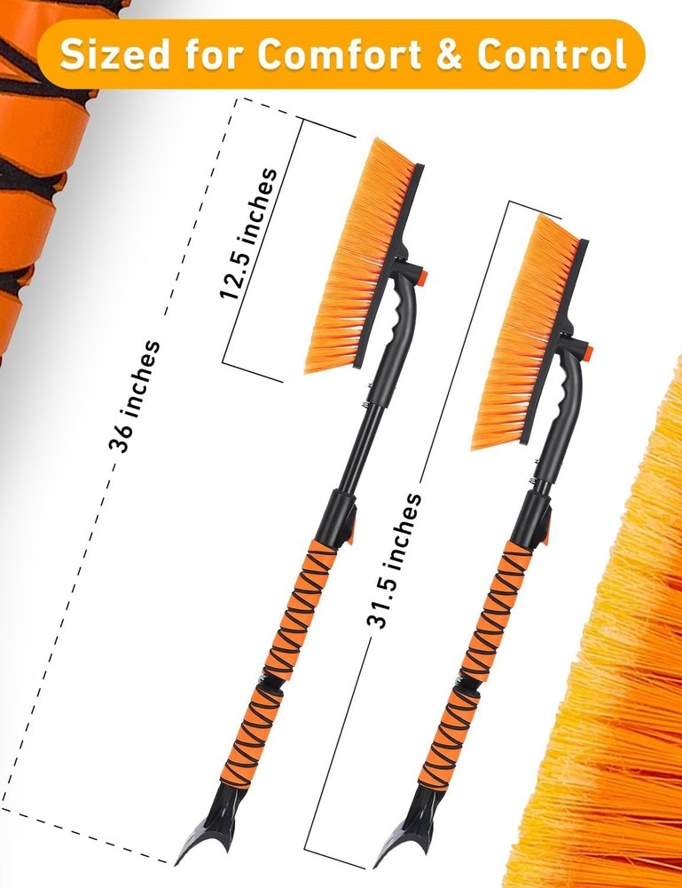 Compact 36” Snow Brush with Telescopic - 360° Rotating Ice Scraper