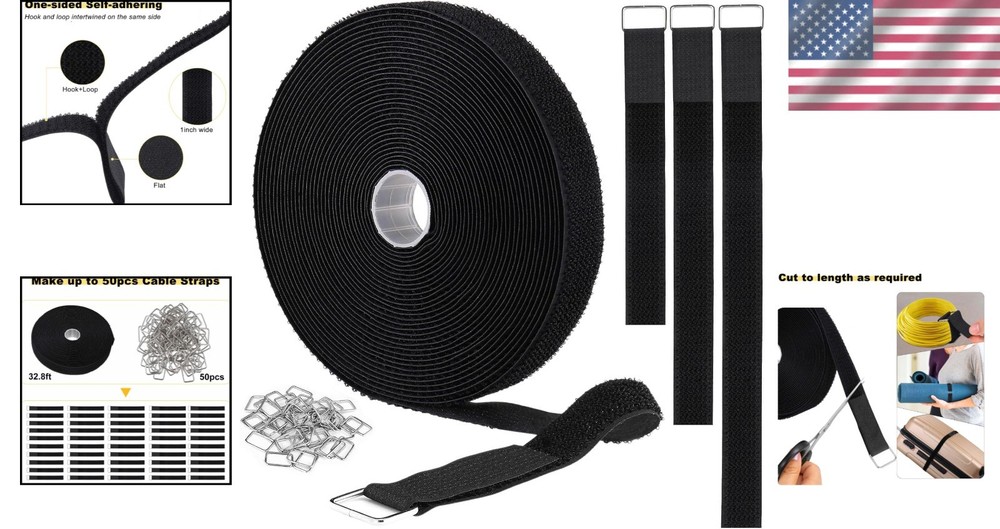 Durable Black Hook and Loop Straps - Adjustable & Reusable Cable Ties 50 Count