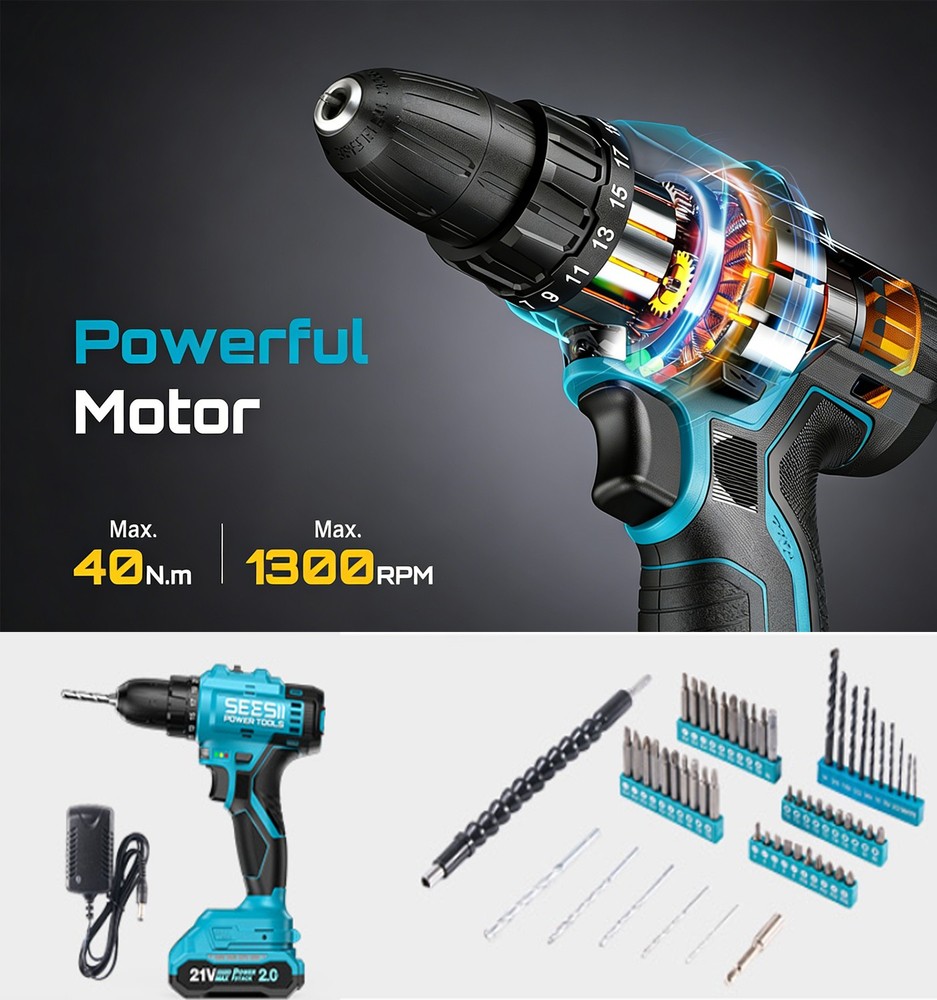 Seesii 21V Cordless Drill Tool Kit 190Pcs Power Tool Combo Set, Hand Tool Kit