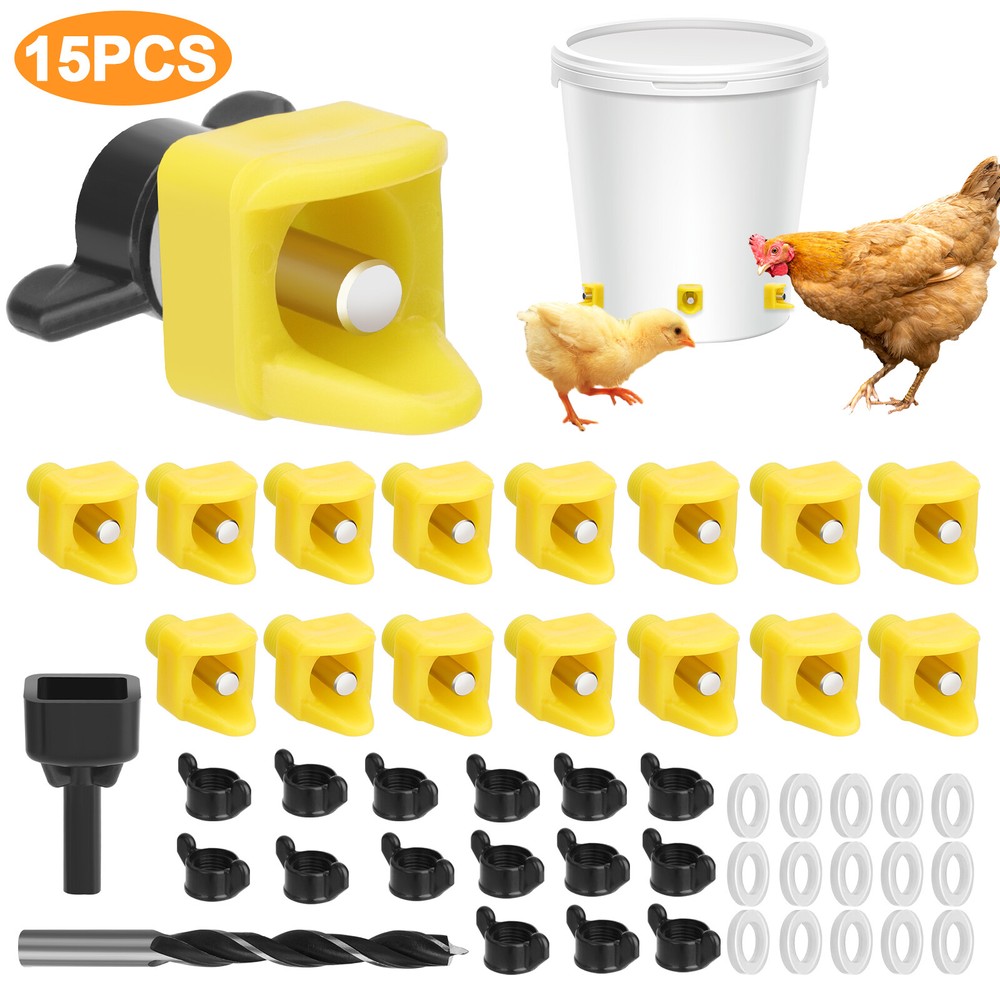 15Pcs Horizontal Chicken Waterer Nipple Automatic Poultry Waterer with Drill Bit