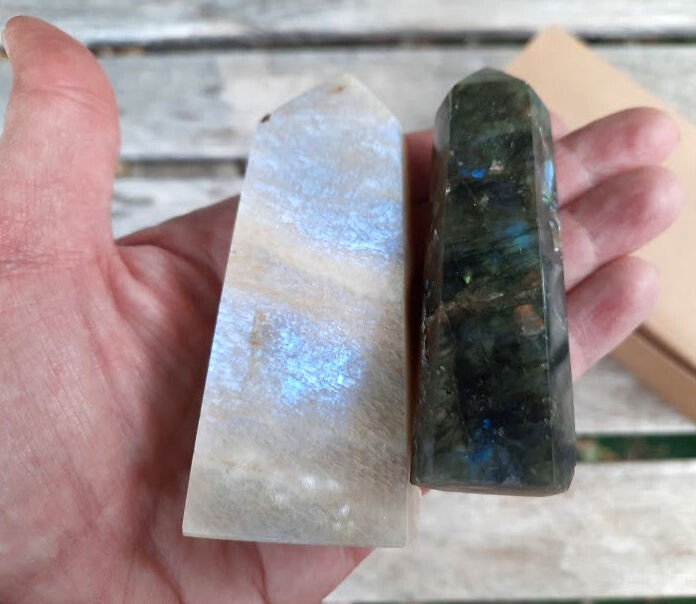 Moonstone Obelisk & Labradorite Generator Duo, Transformation, Inner Growth