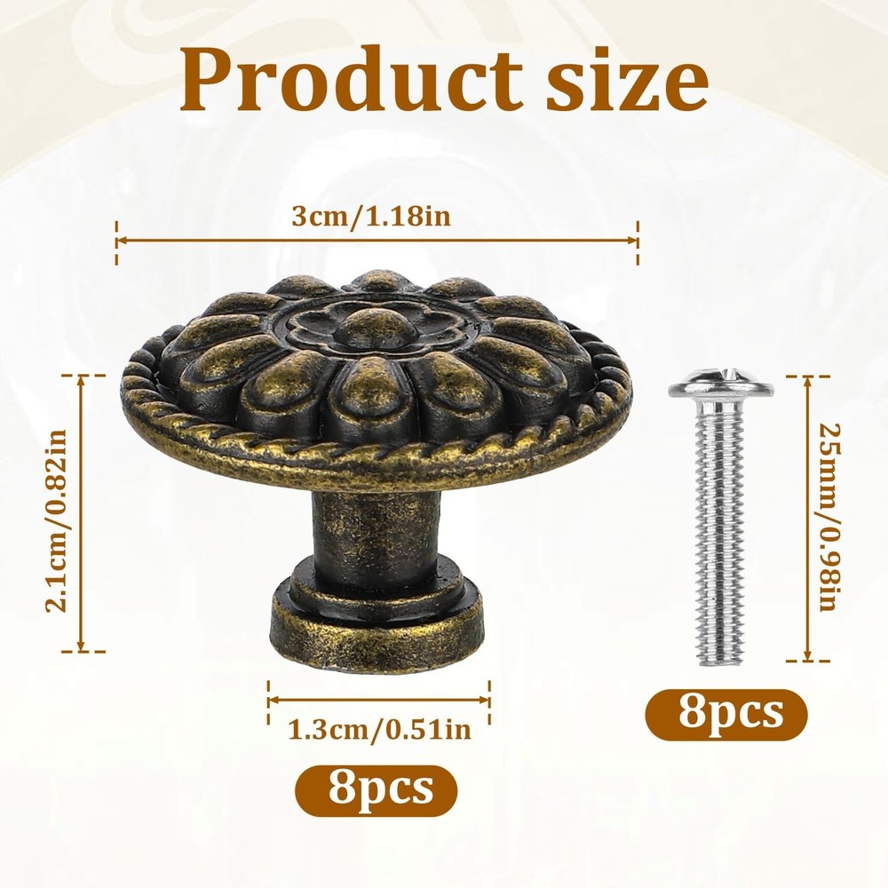 JJUNW 8 Pack Antique Brass Drawer Knobs, Vintage Dresser Drawers Knobs, Solid...