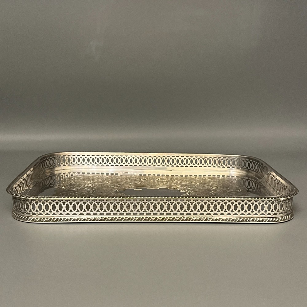 Vintage Silver Plated Gallery Tray Rectangular English Drinks Display on Brass