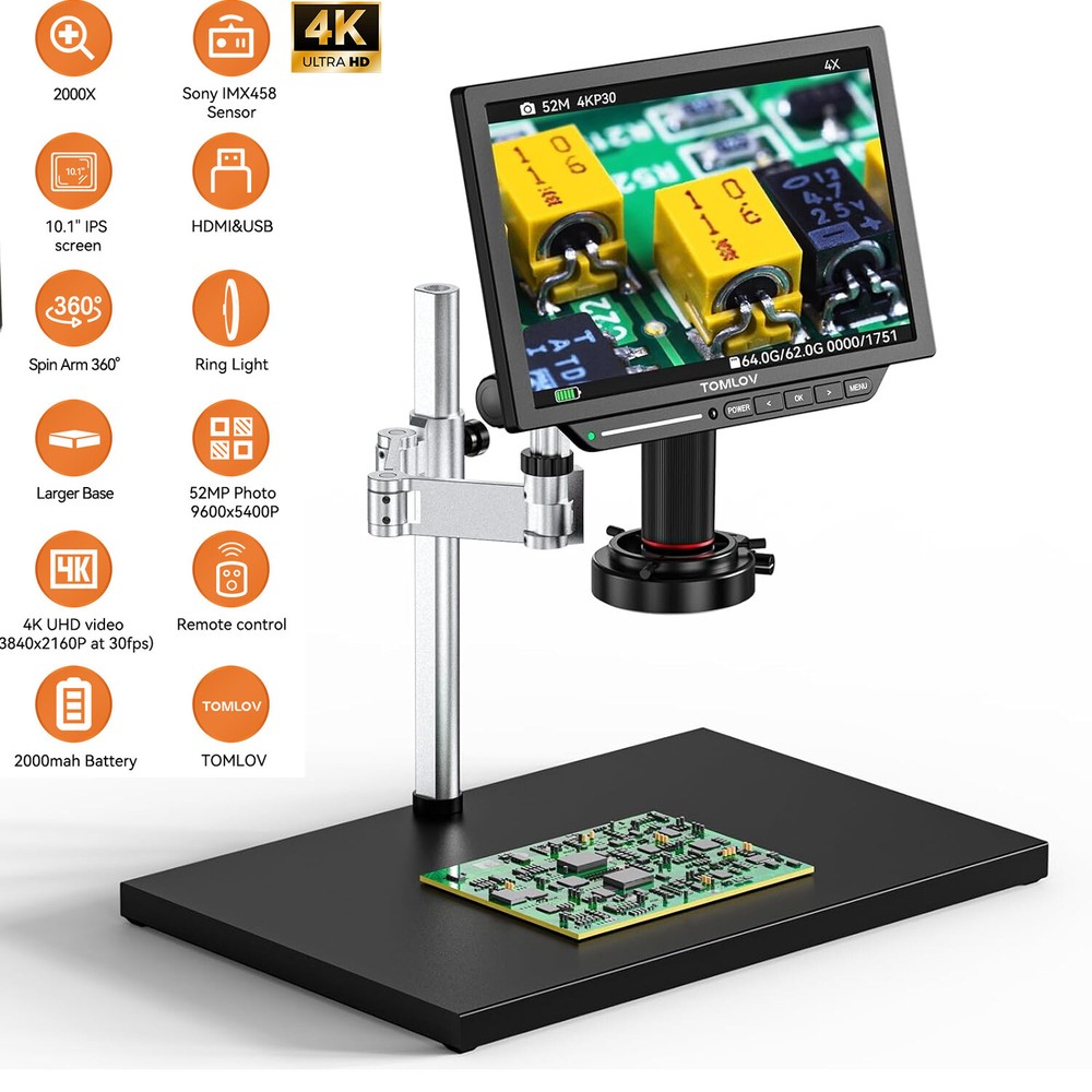 TOMLOV 4K LCD Digital Microscope 2000X Coin Microscope 10.1'' HDMI 52MP Spin Arm