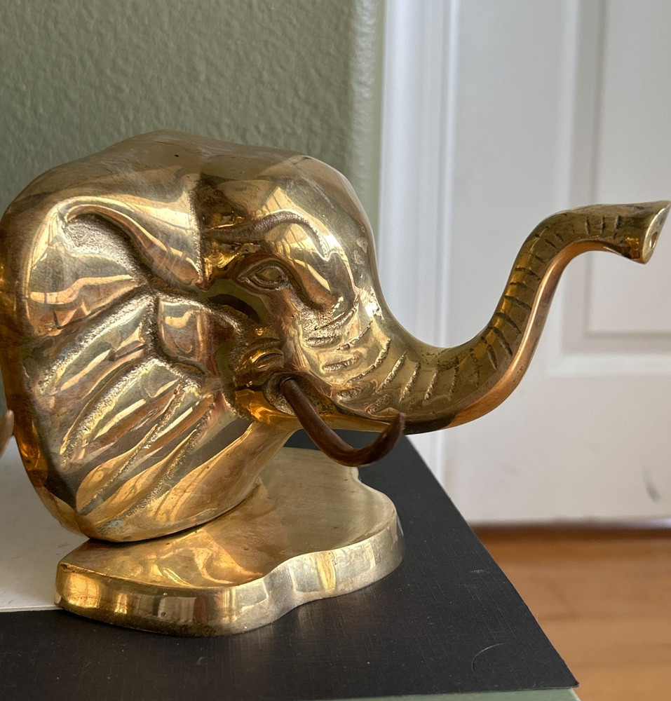 Bookends Vintage Solid Brass Elephant Trunks Up "Good Luck" MCM pair *
