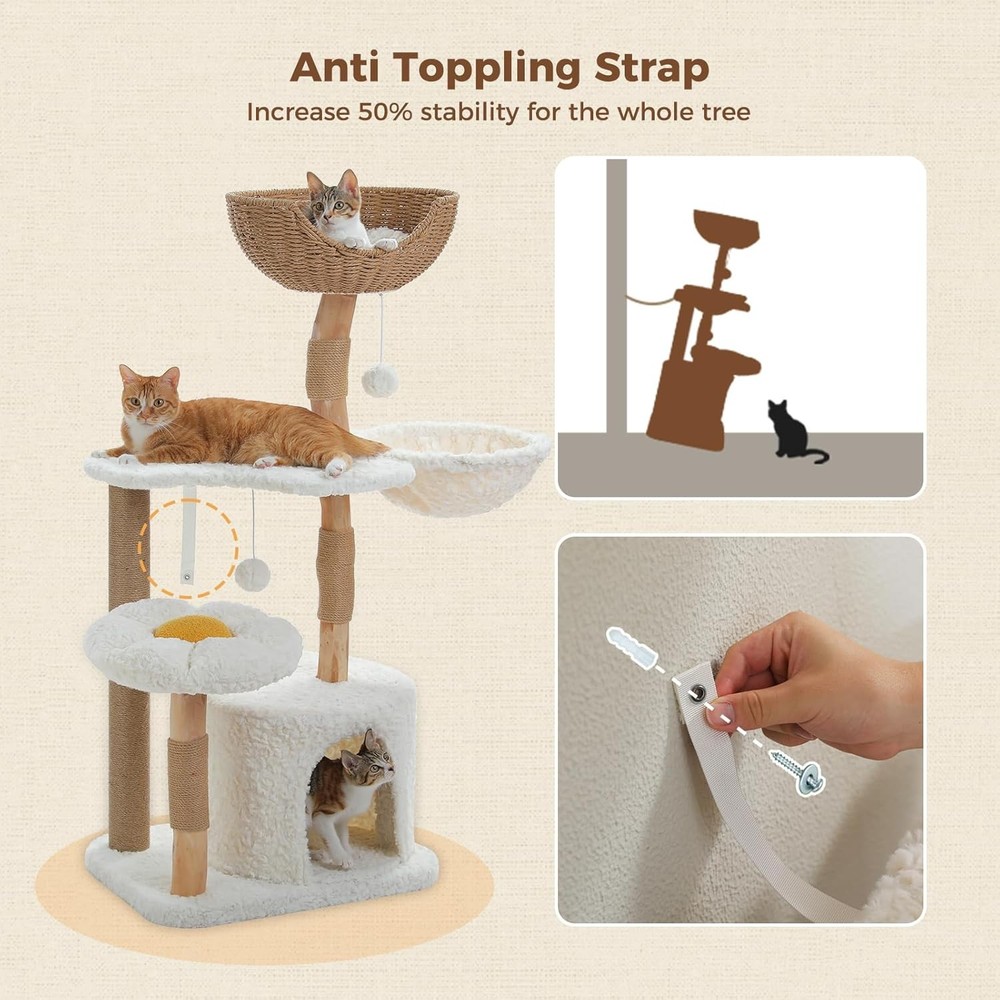 48.5'' Modern Cat Tree for Large, Cozy Hammock, Scratching Post, White