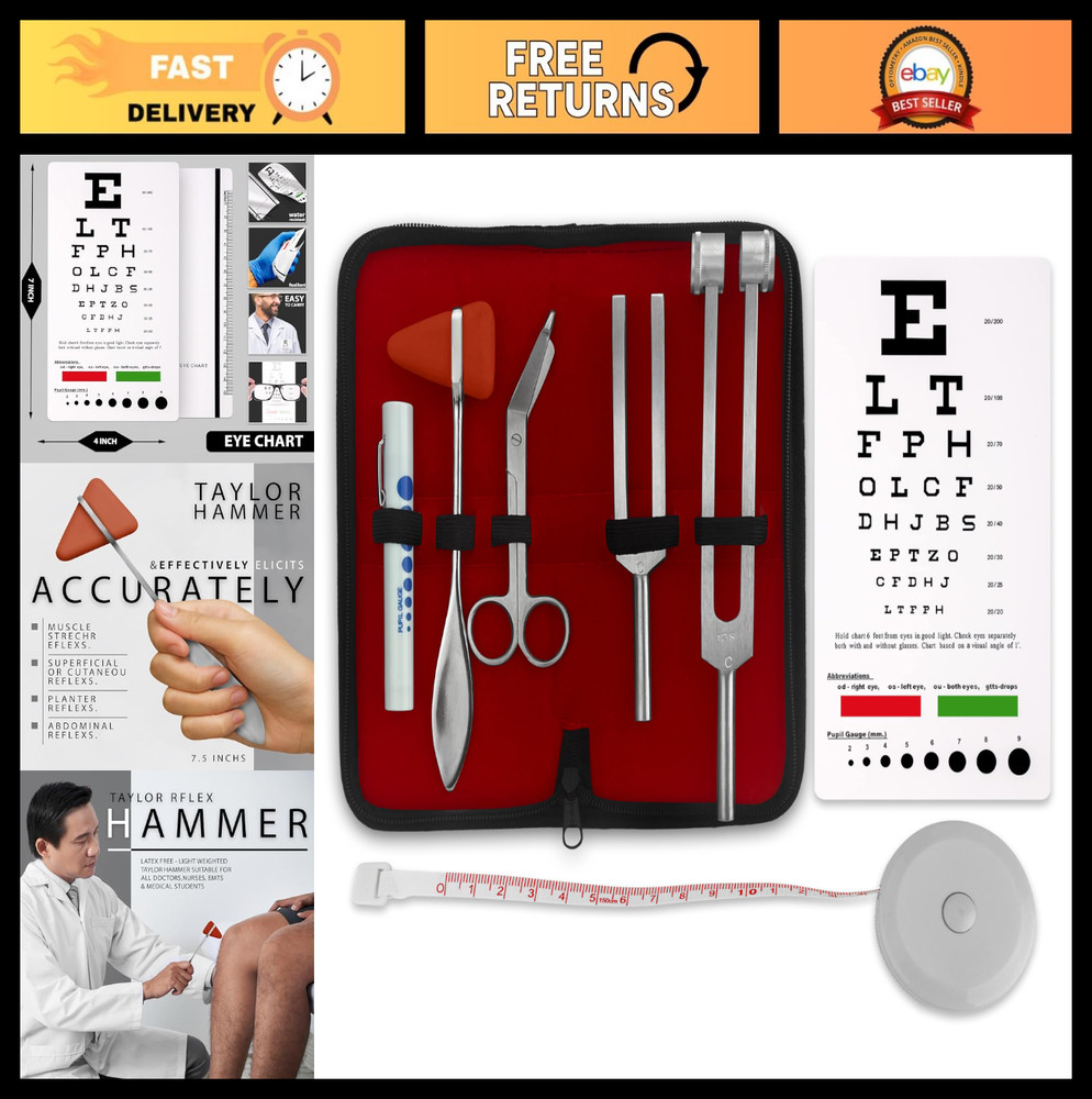 7-Piece Silver Diagnostic Kit - Taylor Hammer, Measuring Tape, Tuning Forks & Mo