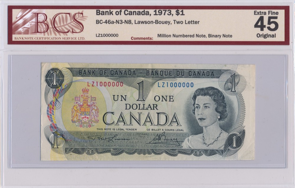 Canada 1973 1 Dollar BC-46a-N3-N8 6 Zero Binary Note LZ1000000 - BCS EF 45