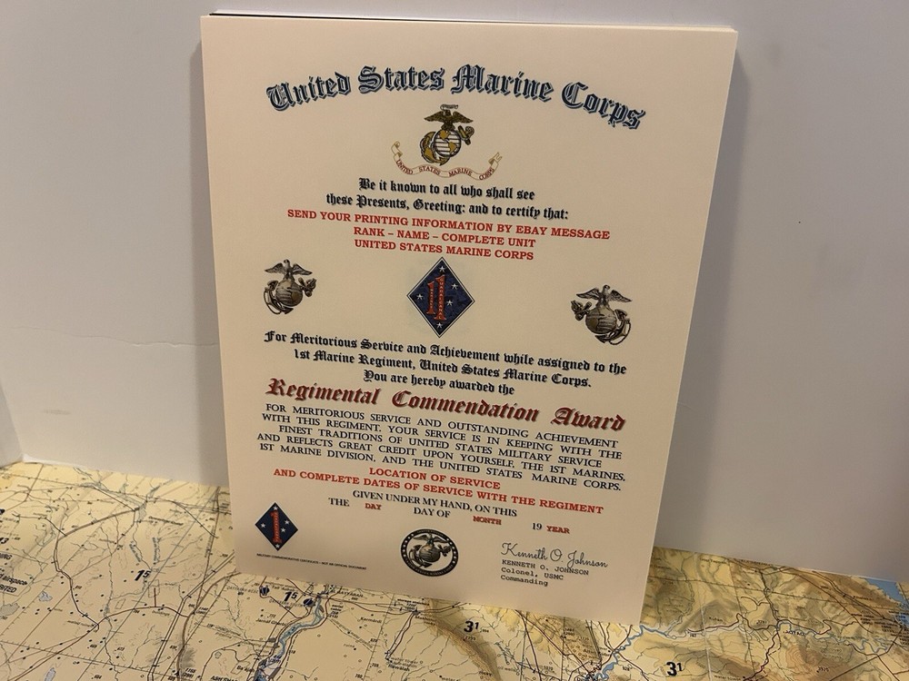 U.S.M.C. / 1ST MARINE REGIMENT - REGIMENTAL COMMENDATION AWARD CERTIFICATE