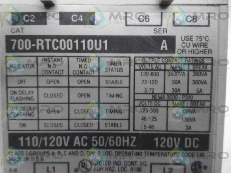 ALLEN BRADLEY 700-RTC00110U1 SER. A SOLID STATE TIMER UNMP