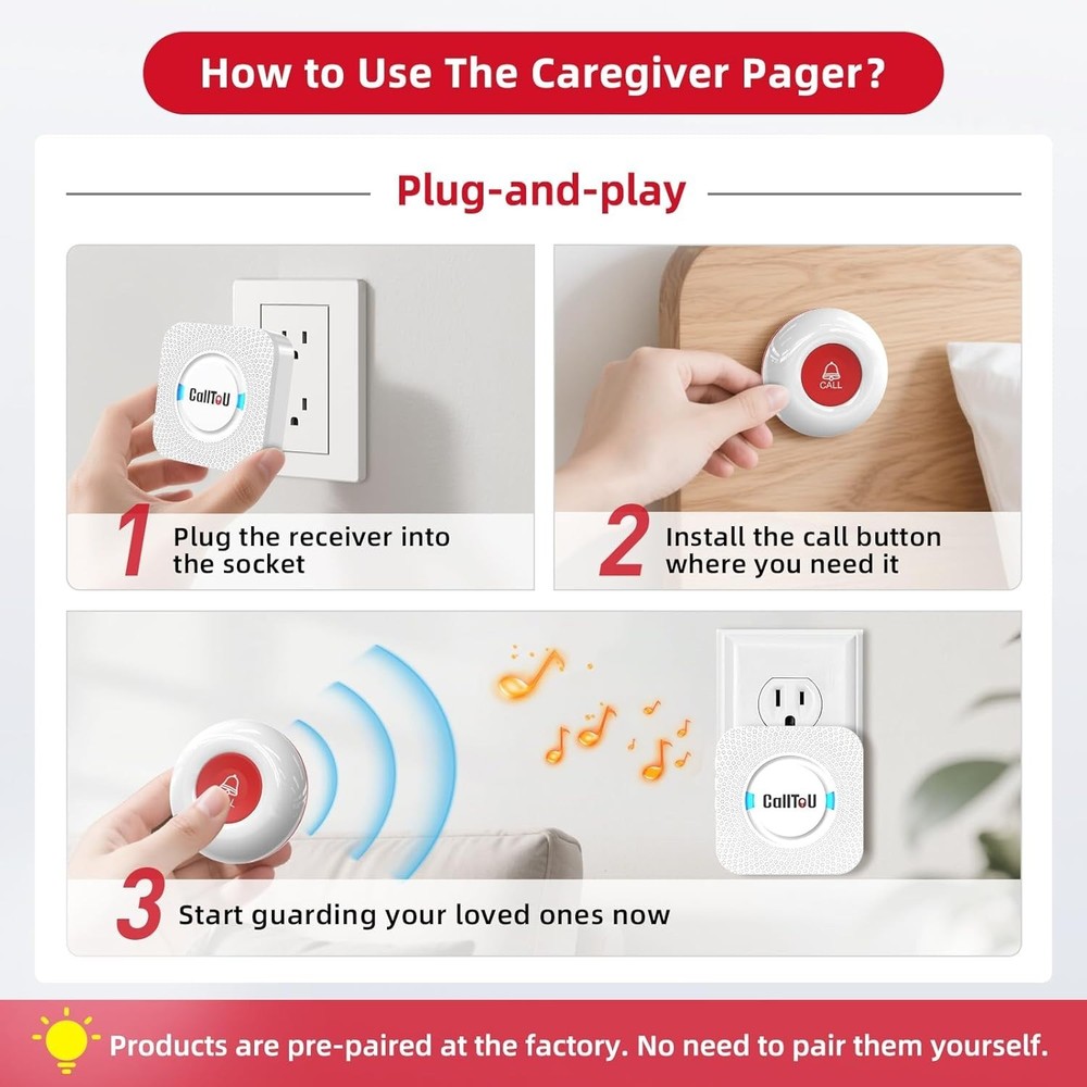 Wireless Caregiver Pager System, Waterproof, 500+ ft Range, 2 Units