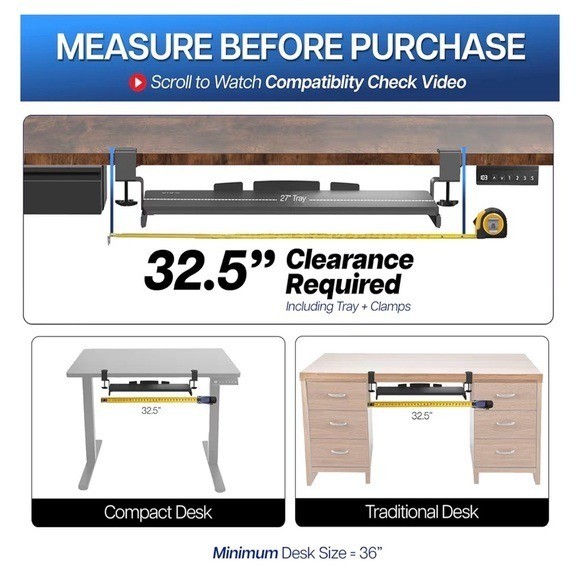 Large Keyboard Tray Under Desk Pull Out w Extra Sturdy C Clamp Mount System