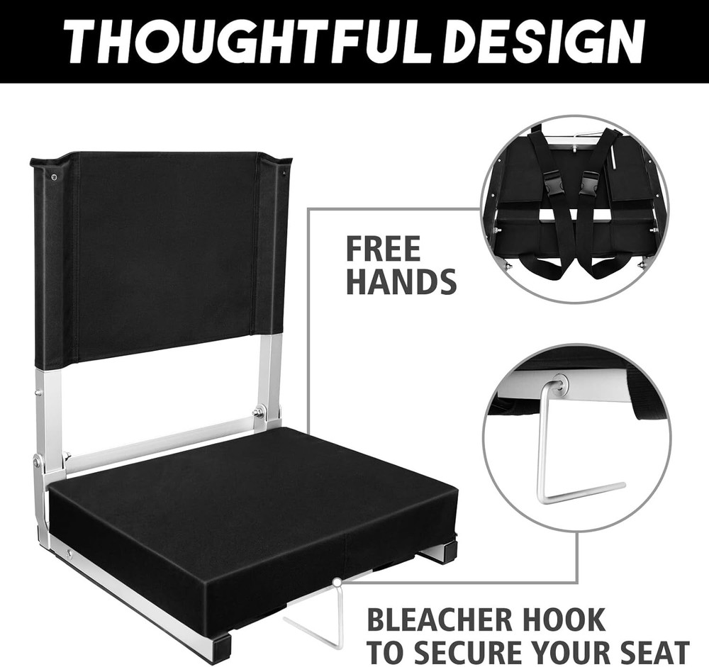 Foldable Stadium Seats w/ Back Support & Cushion for Bleacher Seat Pad Bleacher