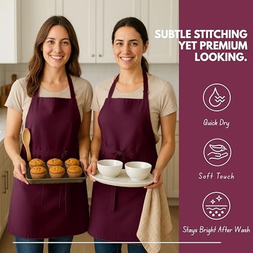 Kitchen Apron 2 Pack - 100% Cotton Adjustable, Durable Apron Burgundy Wine