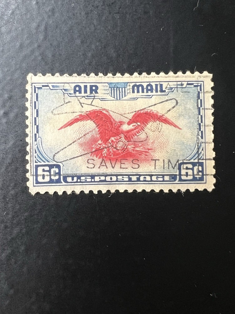 1938 U.S. 6 Cent Air Mail Eagle Stamp Perfect Cancel Plane