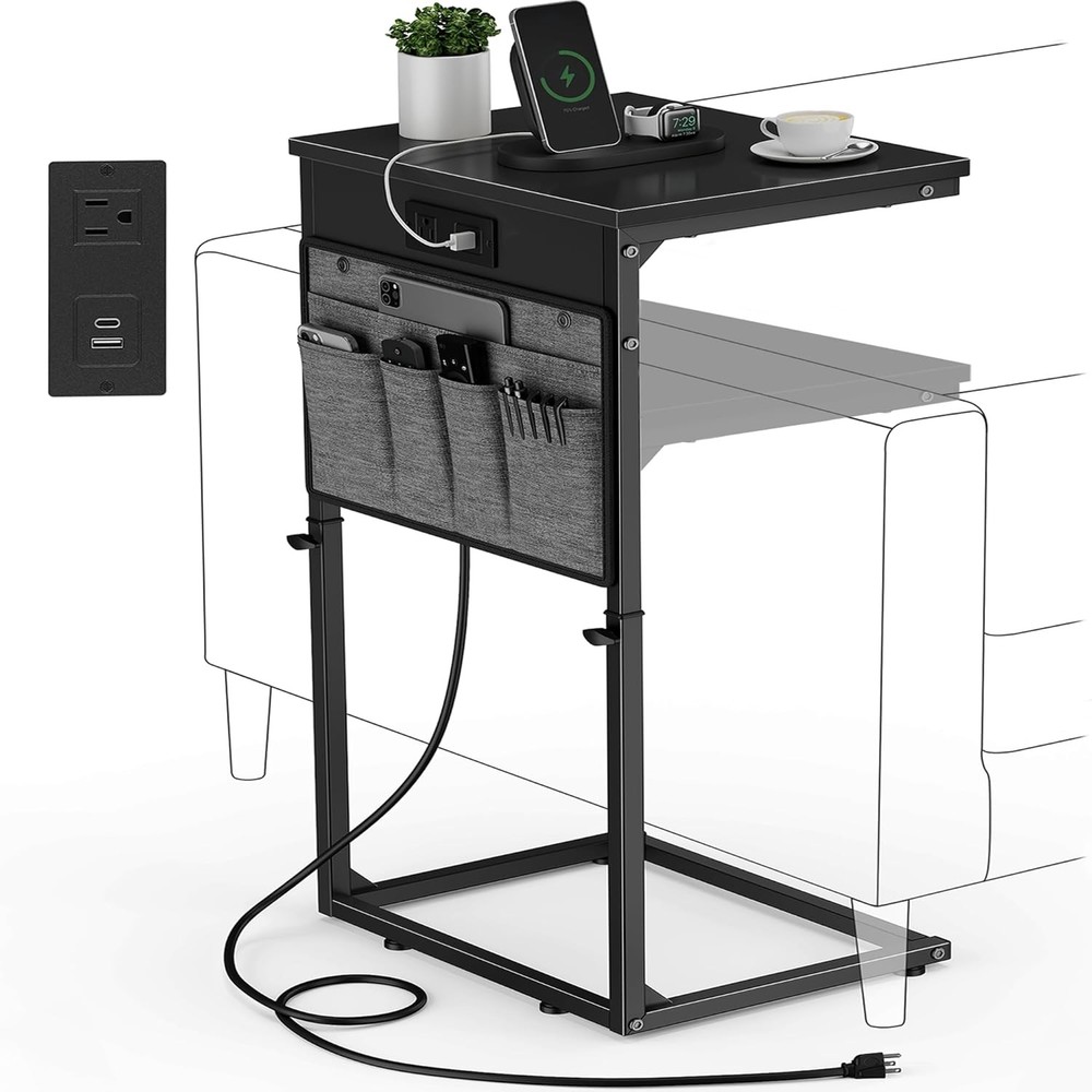 C Shaped End Table W/ Charging Station Tall C Table End Table Adjustable Height
