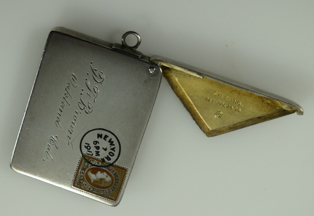 Antique Stamp Box Envelope Sterling Silver Miniature 1913