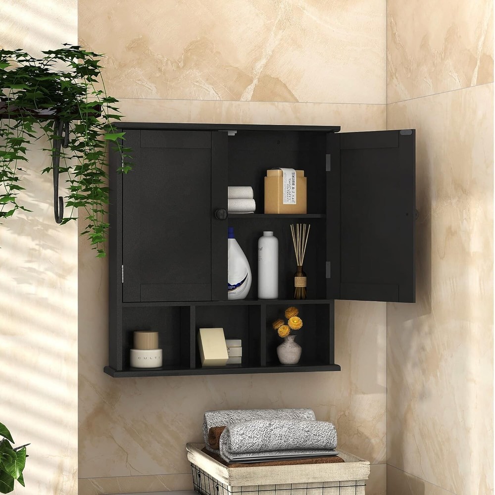 Space-Saving Black Wall Cabinet with 2 Doors and Adjustable Storage Shelves