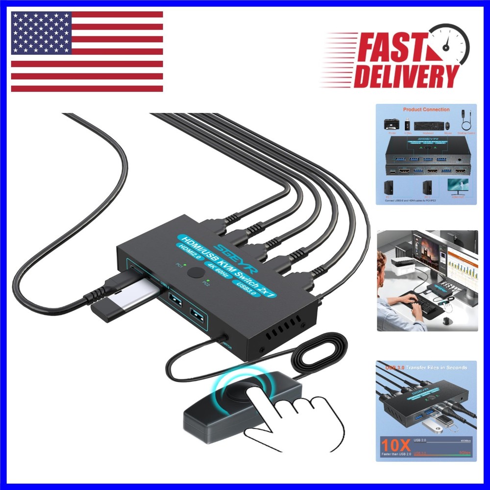 Compact USB 3.0 HDMI KVM Switch for 2 Computers with Push Button Control