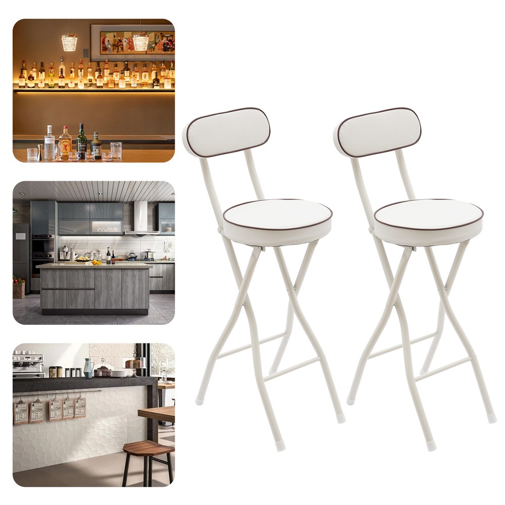 2PCS Bar Stool Portable Folding Stool Padded Folding High Chairs White