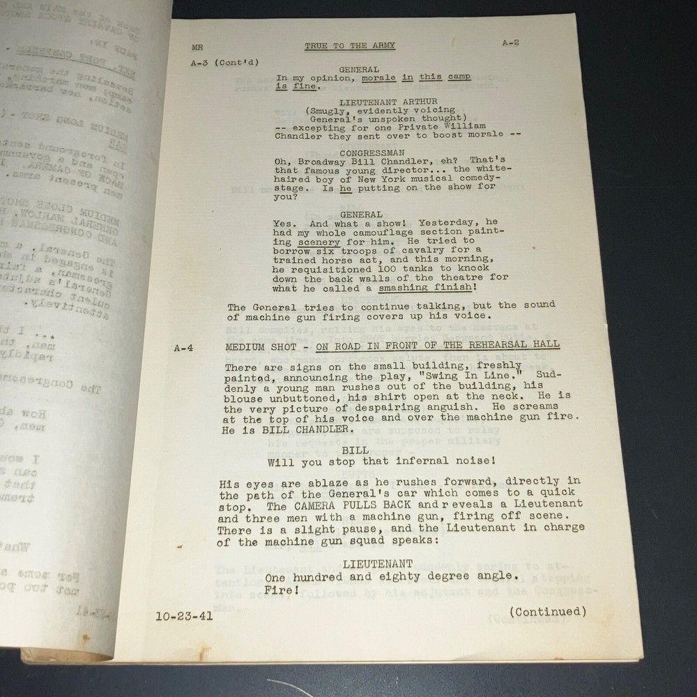 Original 1941 True to the Army Movie Script Paramount Sequence Drafts Archive CO