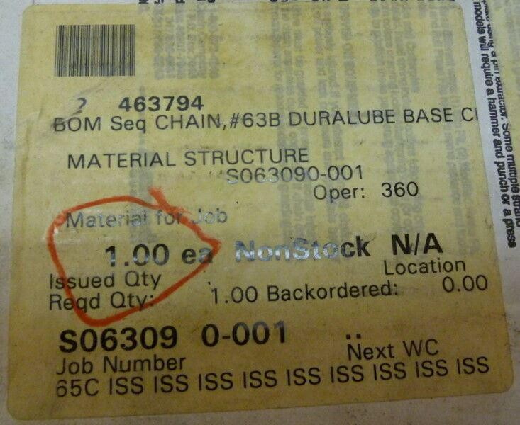 Diamond 63B Duralube Lubricated Roller Chain 463794 BOM Sequence Chain