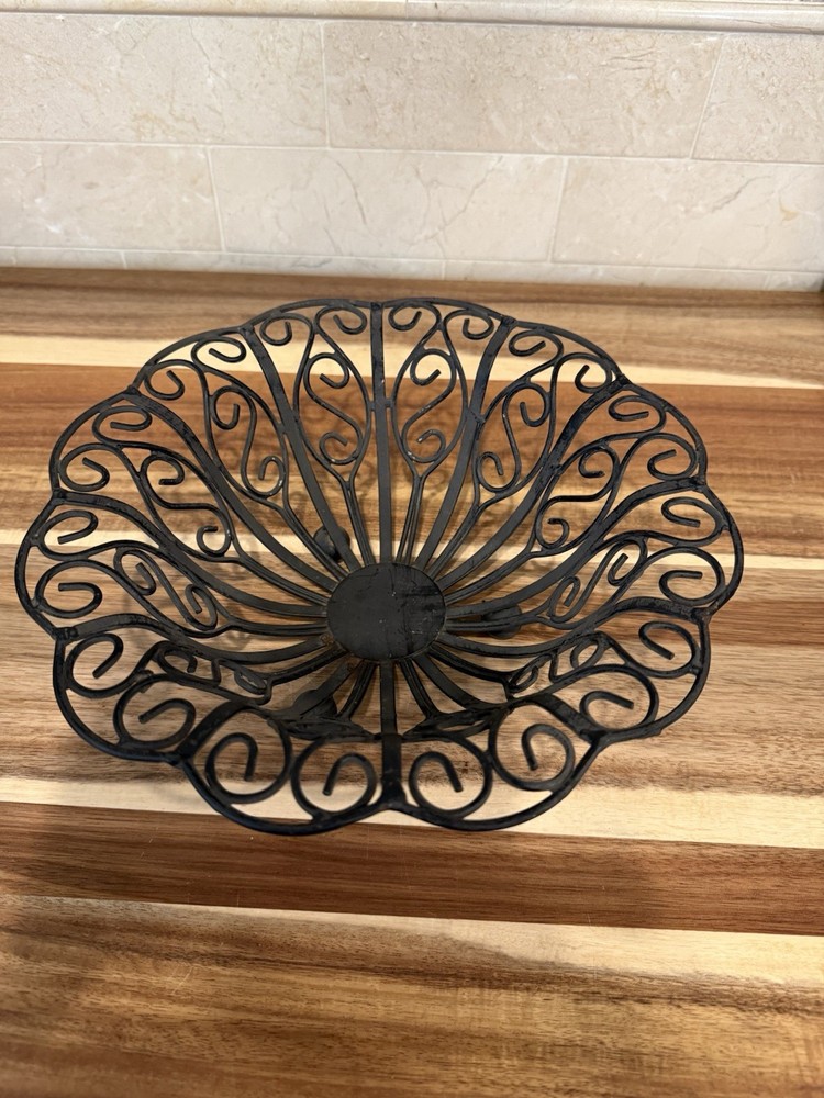 Vintage Black Wrought Iron Fruit/ Vegetable Bowl/Basket Scroll Footed Base Decor