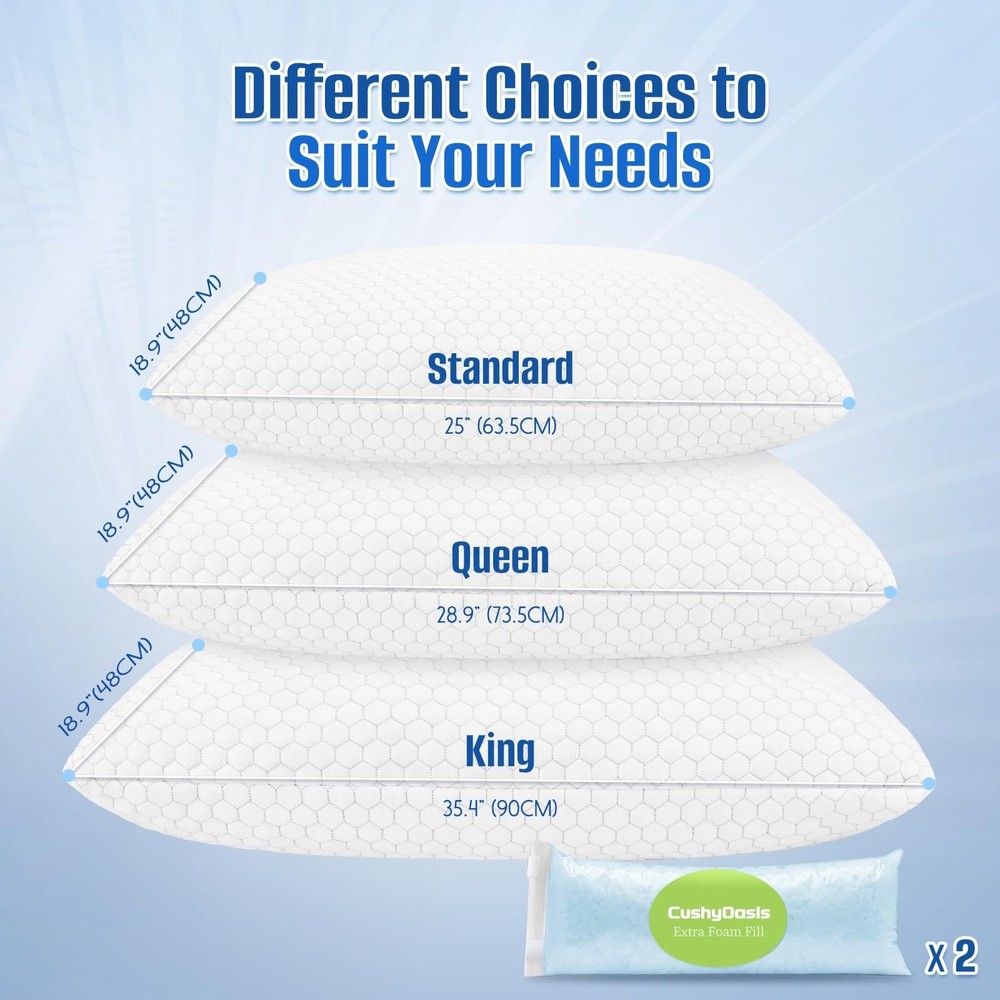 CushyOasis Shredded Memory Foam Pillow for Sleeping, Cooling Bed Pillows Set ...