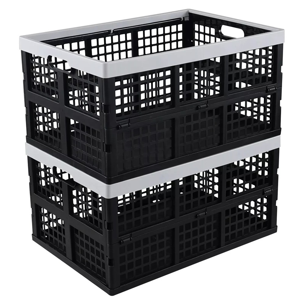 Large 42 Liter Plastic Folding Collapsible Crate for Storage Black 2 Pack