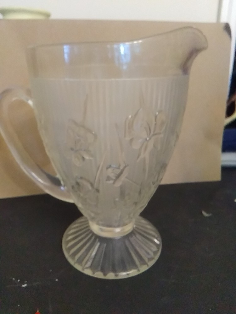 Jennette Irish & Herringbone Footed Clear Pressed Depression Glass Pitcher