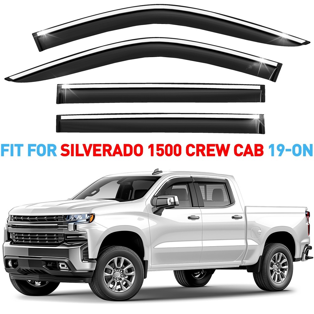 Rain Guards Vent Visors Shade for 19-26 Chevy Silverado Crew Cab Chrome Trim