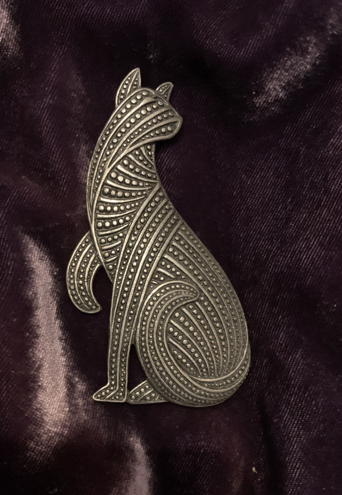 Large JJ Cat Brooch Silver Tone Signed
