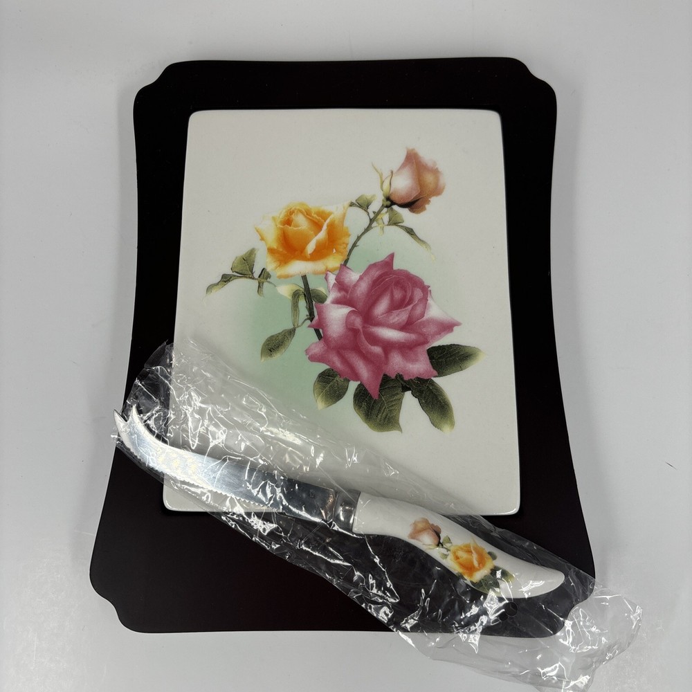 Avon 2005 Tile Cheese Board & Knife Roses Pattern Never Used
