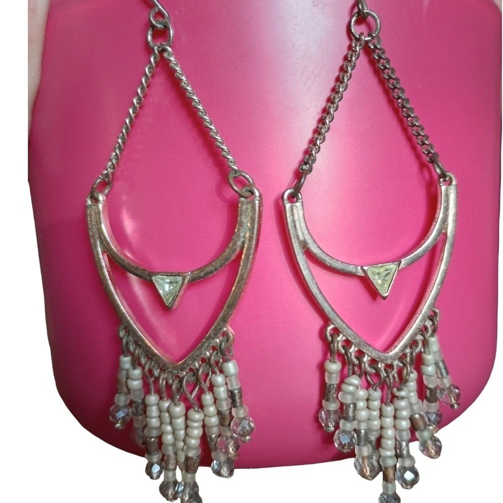 Boho Silver-Tone Dangle Earrings with White Bead Fringe