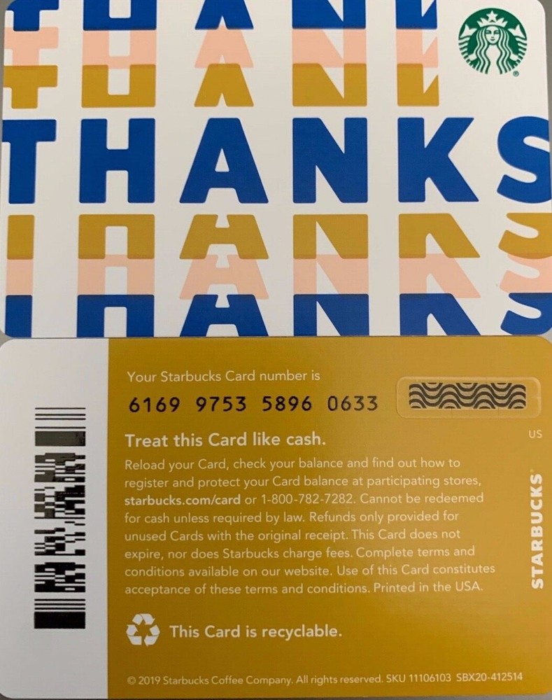 2019 STARBUCKS "THANKS" GIFT CARD #6169 NO VALUE MINT