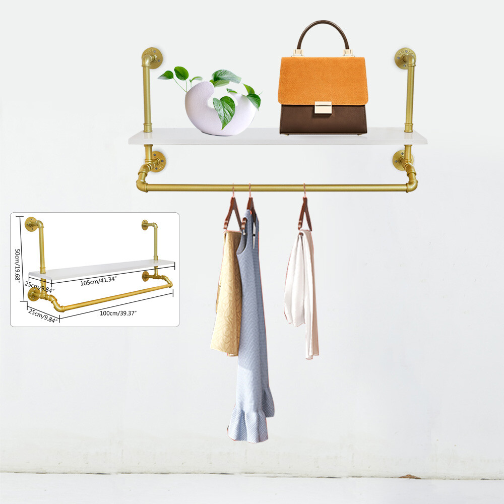 Wall Mounted Garment Rack Heavy Duty Pipe Clothes Rail w/ Open Shelf Space-Save