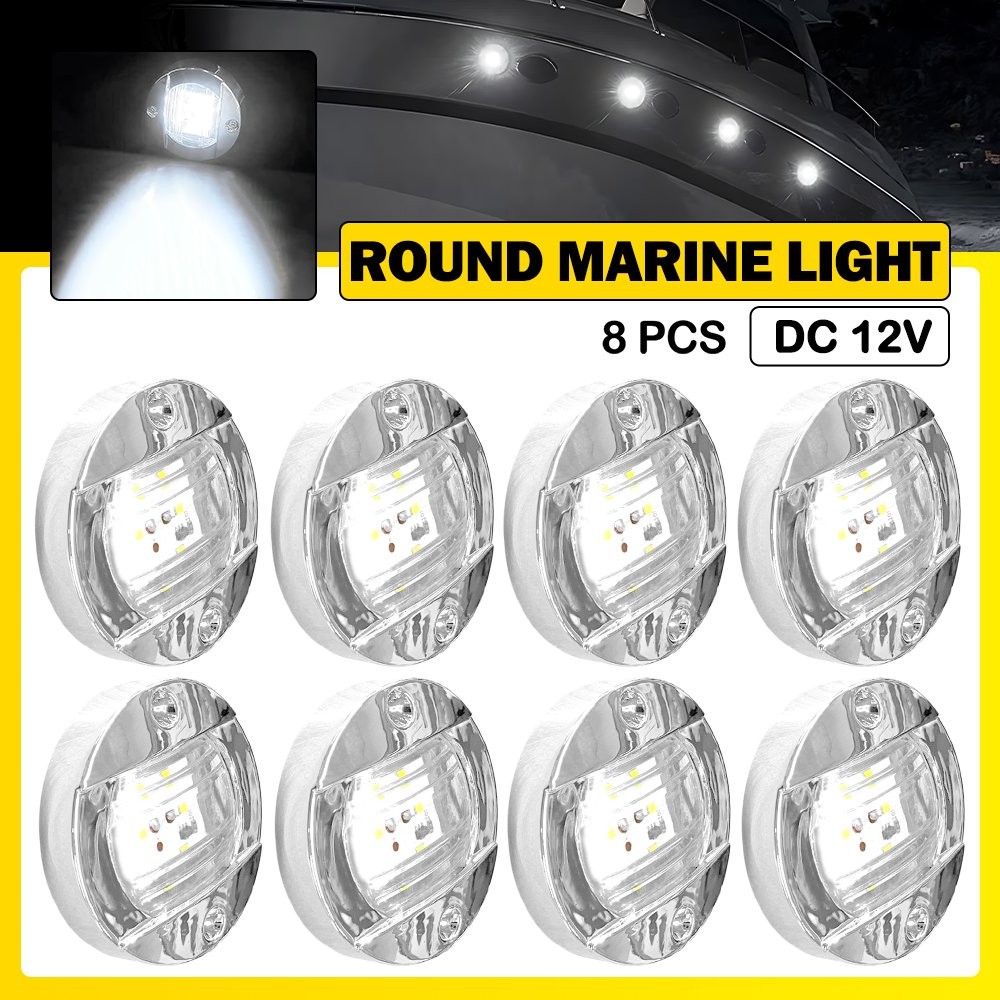 8Pcs Round White 12V LED Navigation Light Courtesy Light Marine Boat Stern Deck