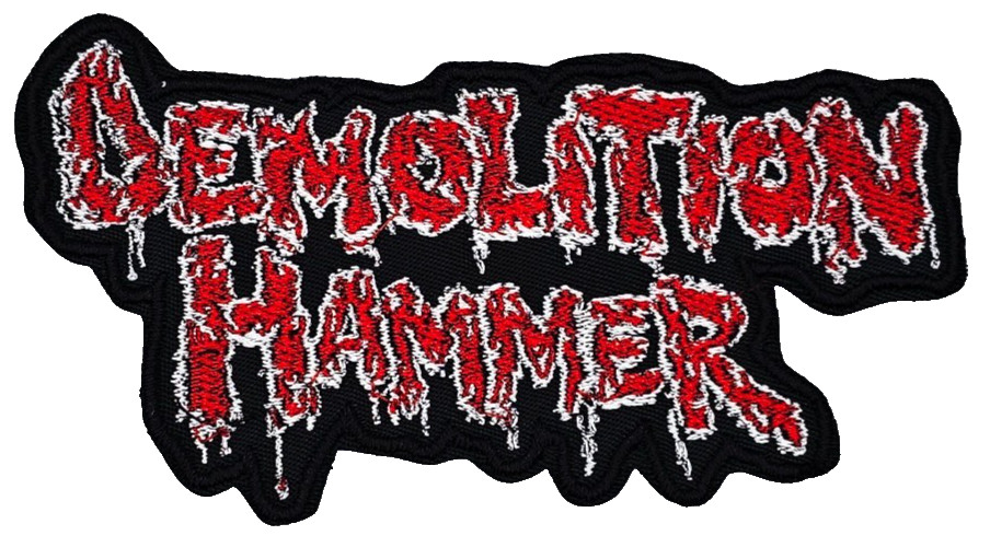 DEMOLATION HAMMER RED AND WHITE LOGO (shaped border) EMBROIDERED PATCH