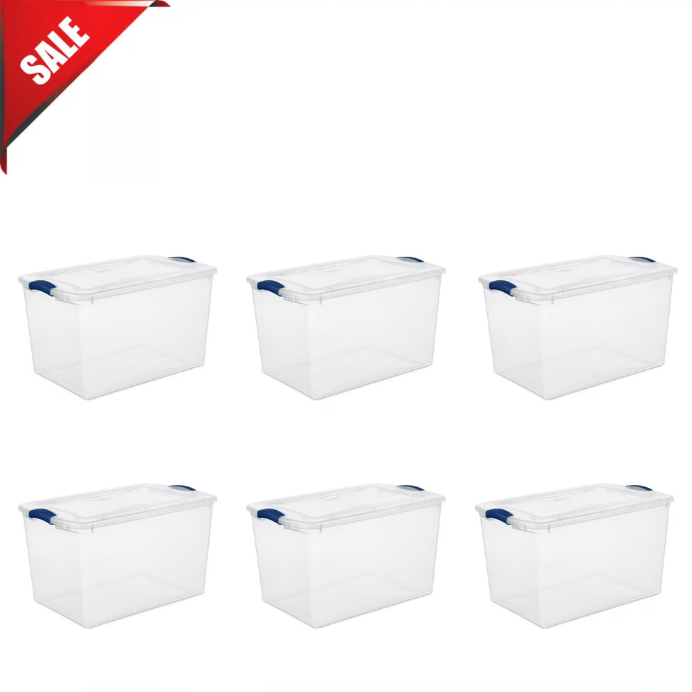 Sterilite 66-Quart Clear Plastic Large Storage Bin, 6-Pack