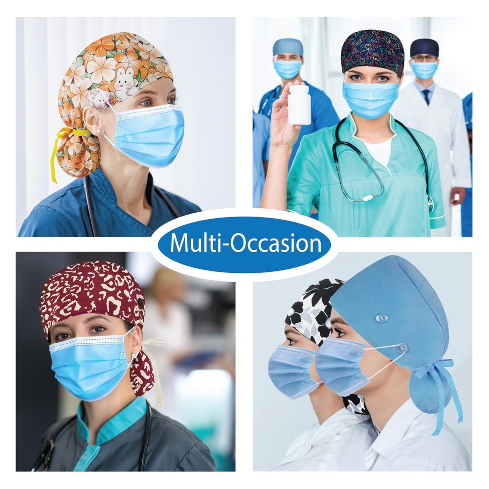 Womens Ponytail Scrub Caps Button Satin Lined Breathable Adjustable Nurse Hat