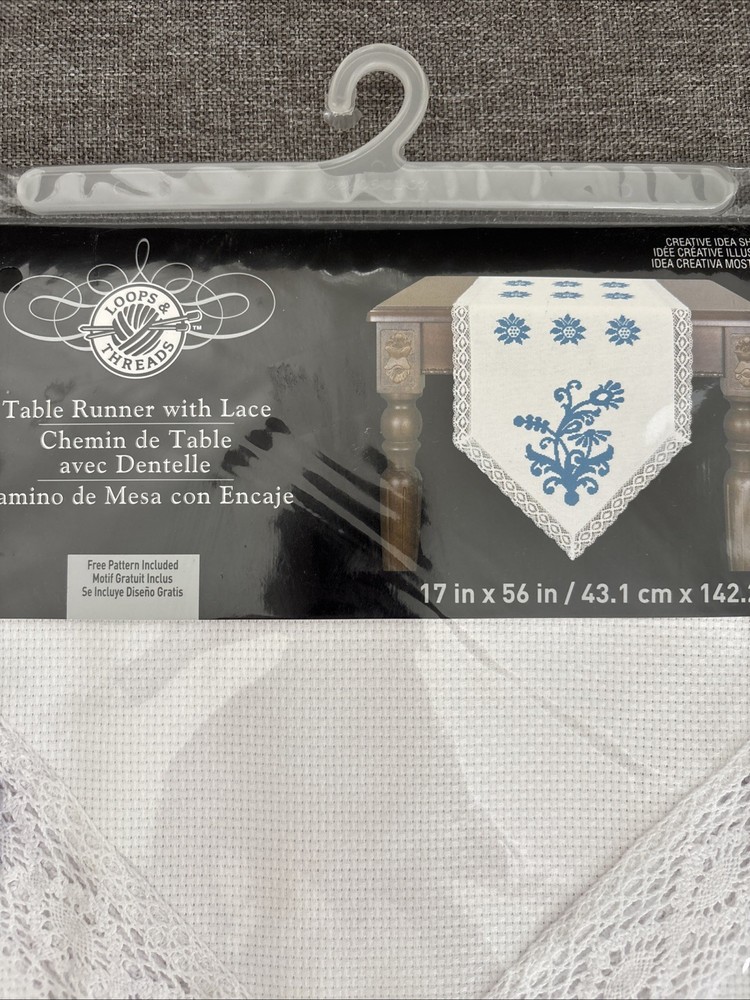 New Loops & Threads Table Runner With Lace Aida Cloth 17” X 56” With Pattern