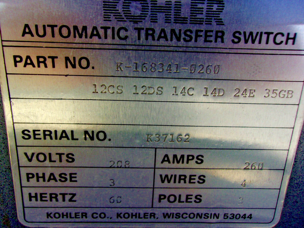 Kohler 3PH 208V 260A Automatic Transfer Switch