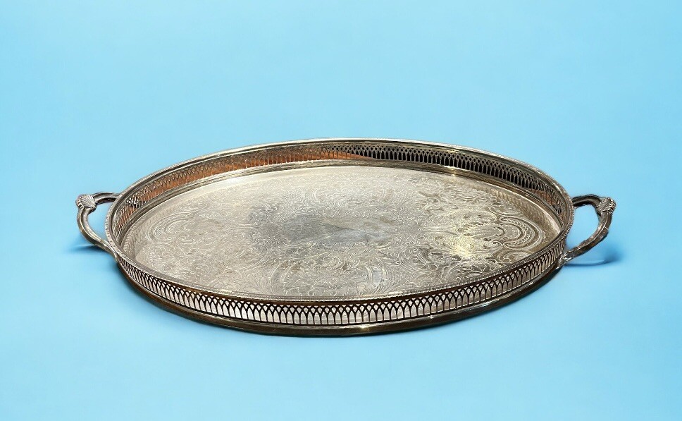 Silver Plate Gallery Tray On Bun Feet, LARGE in size.