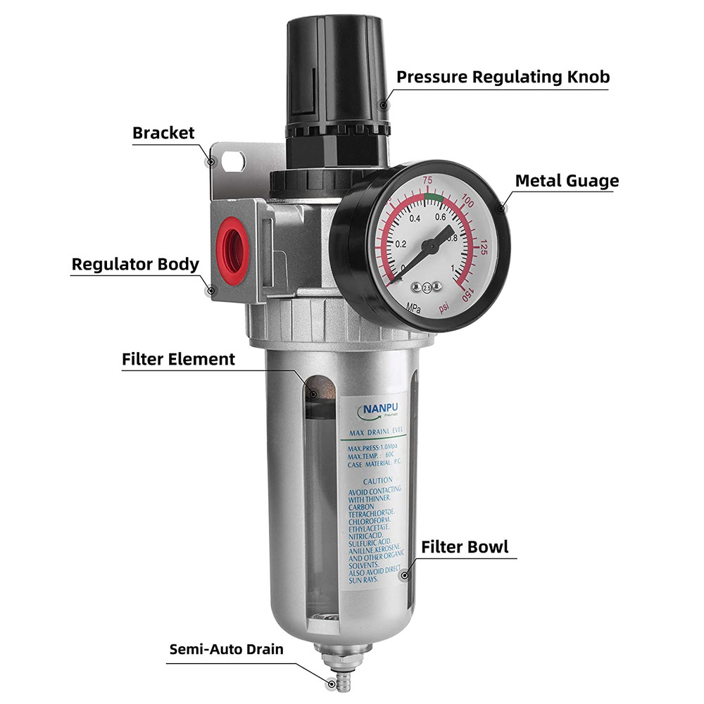 1/4" NPT Compressed Air Filter Regulator Combo, Air Filter Pressure