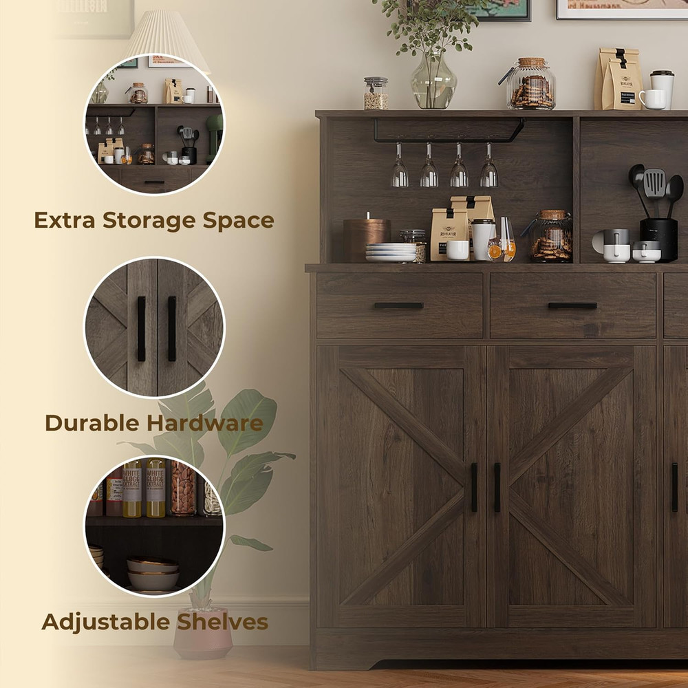 Farmhouse Sideboard Buffet with Microwave Stand, Barn Doors Buffet Storage Cabin
