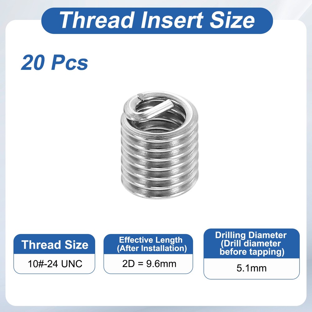 20pcs Wire Thread Inserts 10#-24 UNC 2D 9.6mm Helical Threaded Sleeve